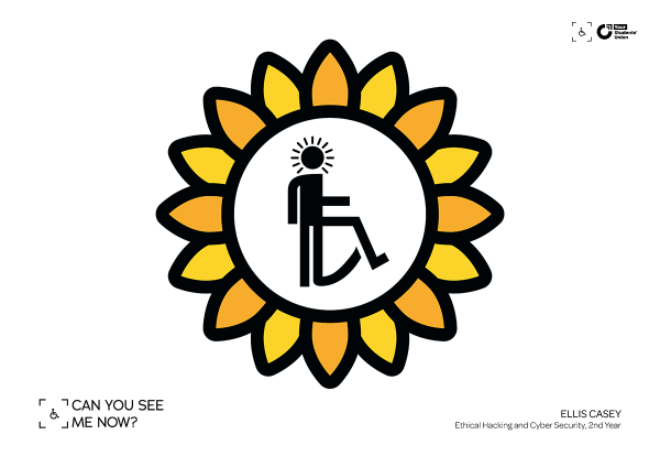 A sunflower icon, in the centre is a white circle containing a stick figure that blends a standing figure and a wheelchair user, around their head are expression lines