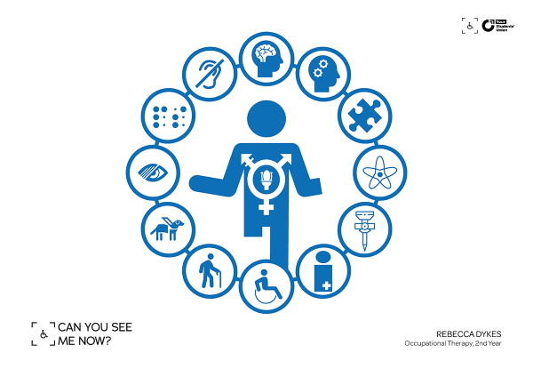 A blue stick figure with partially missing libs; on their chest is the transgender symbol with a toilet icon in the centre of the circle. Surrounding the figure are a 12 circles each containing a different icon to represent a range of visible and invisible disabilities