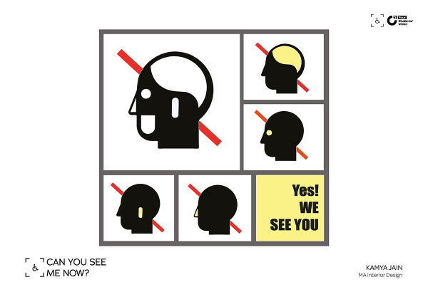 A series of icons of a human head highighting different areas: the brain, ears, eyes, nose, with a red diagonal line behind each head. In the bottom right corner text reads: Yes! WE SEE YOU
