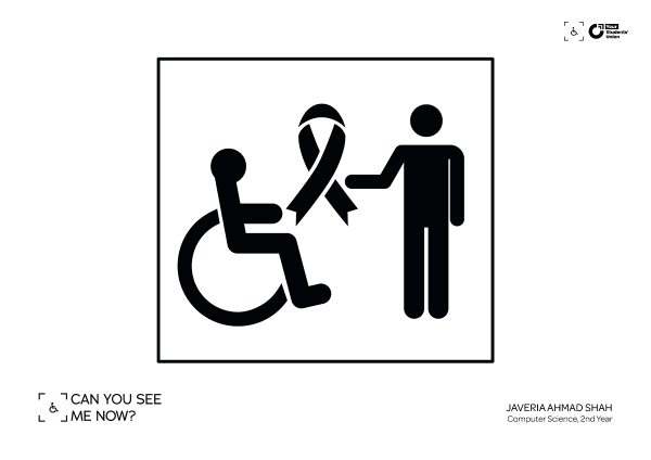 Stick figure icons of a wheelchair user and standing figure holding a large campaign awareness ribbon between them
